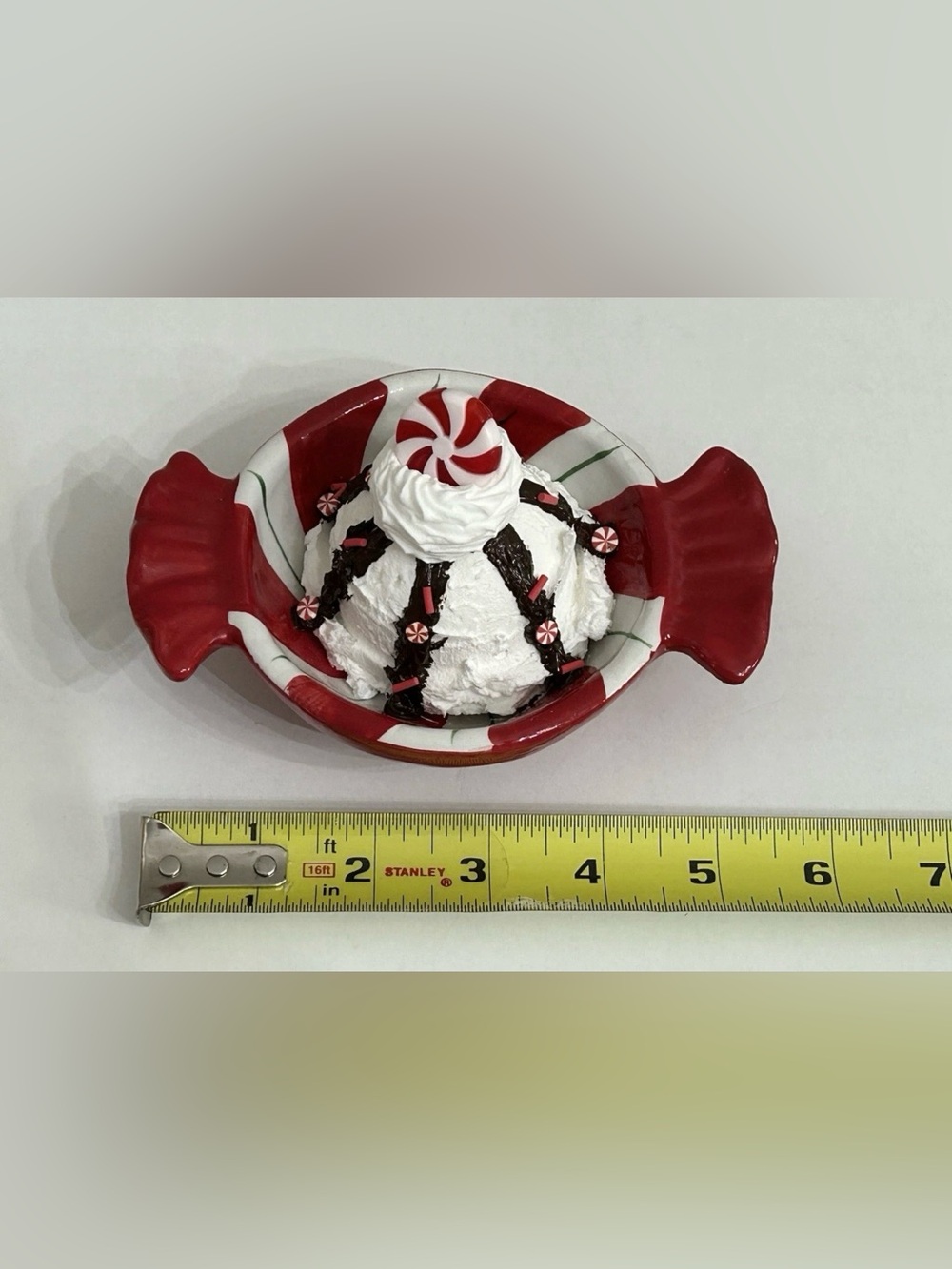 Festive Red Peppermint Candy Dish with Fake Ice Cream Display Handmade - Picture 3 of 4